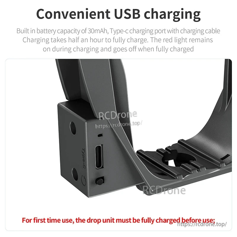 STARTRC Airdrop, USB charging with 30mAh battery, Type-C port, 30-minute charge time, red light shows charging status; fully charge before first use.