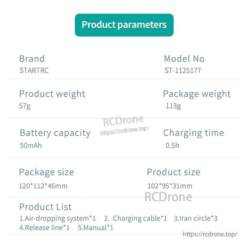STARTRC Airdrop ST-1125177 weighs 57g, has a 50mAh battery (0.5h charge), includes drop system, accessories, manual. Size: 102×95×31mm.