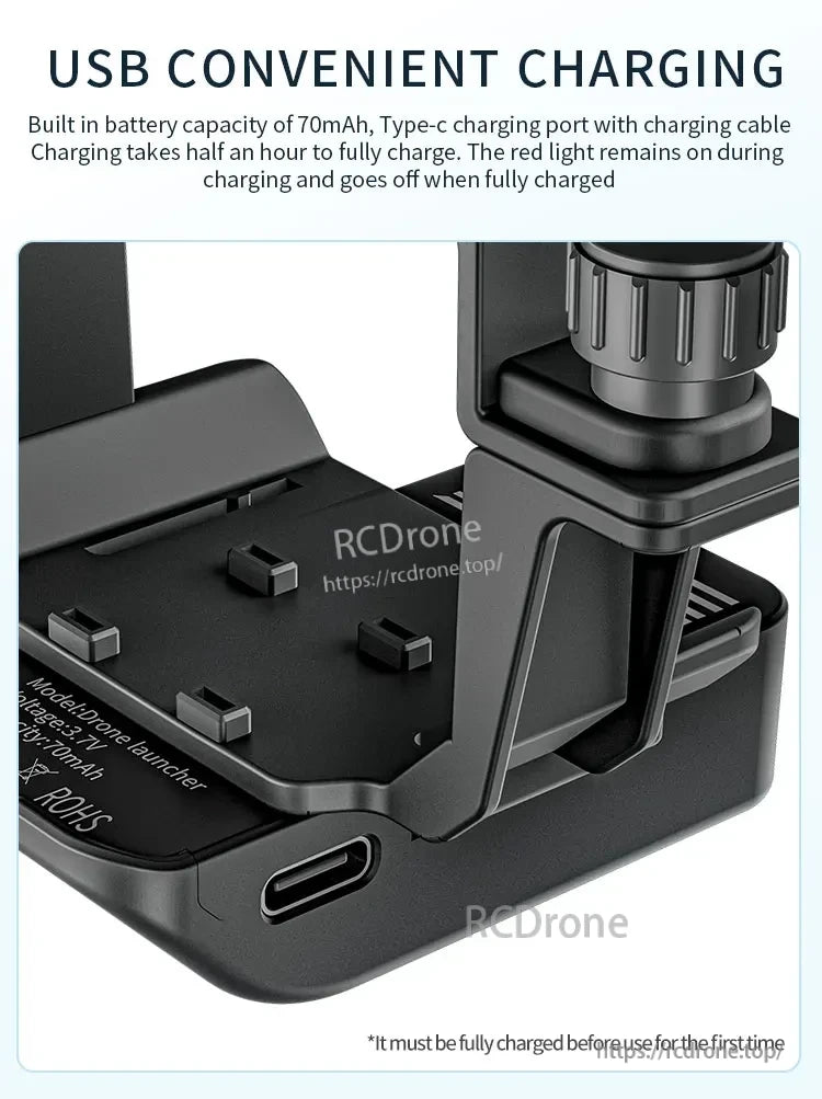 STARTRC Airdrop, USB-charged 70mAh battery with Type-C port; charges in 30 mins, red light indicates charging. Fully charge before first use. Drone launcher model, 3.7V, ROHS compliant.