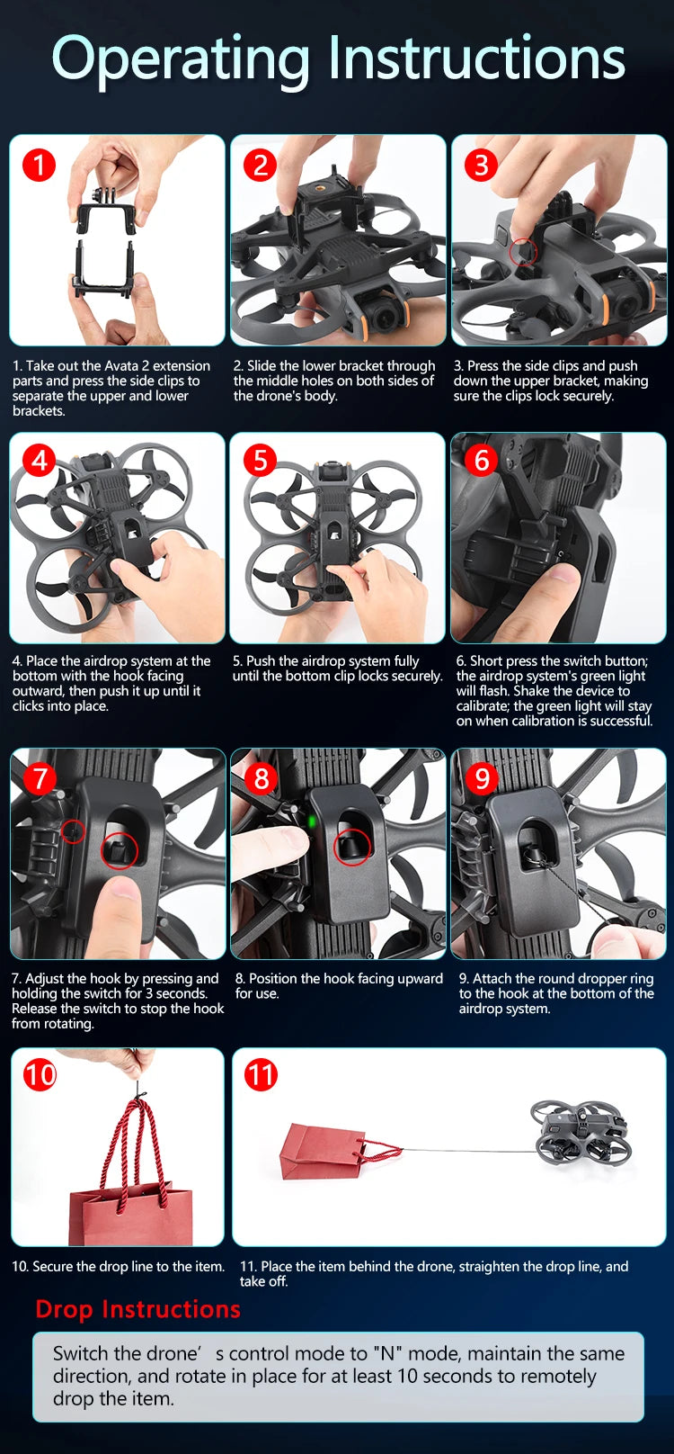 STARTRC Airdrop, Install, calibrate, attach hook and ring, secure item, then remotely drop by rotating drone in "N" mode.
