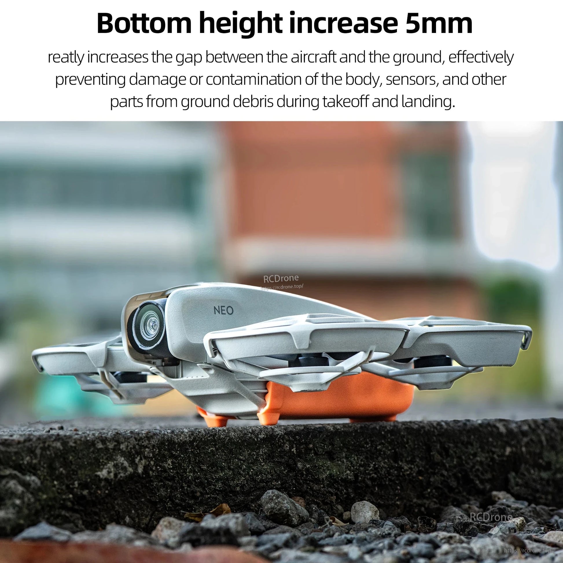 Increased bottom height by 5mm improves ground clearance, safeguarding the drone’s body, sensors, and components from debris during takeoff and landing.