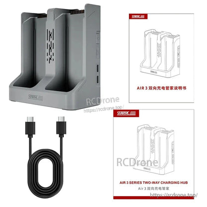STARTRC Two‑Way Battery Charger, STARTRC Air 3 charging hub features 80W PD fast charging, dual USB-C ports, two battery slots, and compatibility with DJI Air 3/Air 3S batteries. Includes cable and manual.