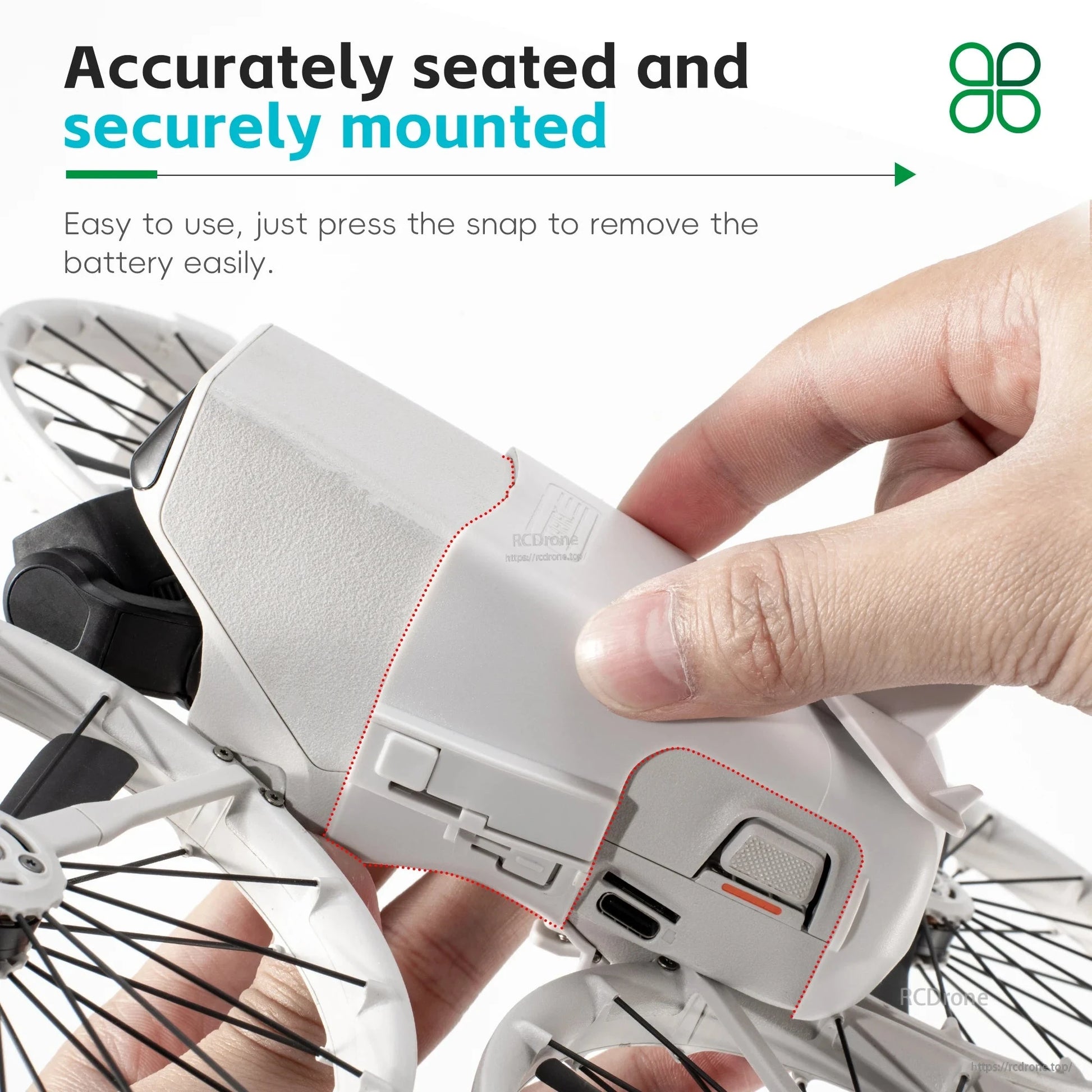 Securely mounted, easily removable battery for DJI Flip drone, ensuring protection and quick access.