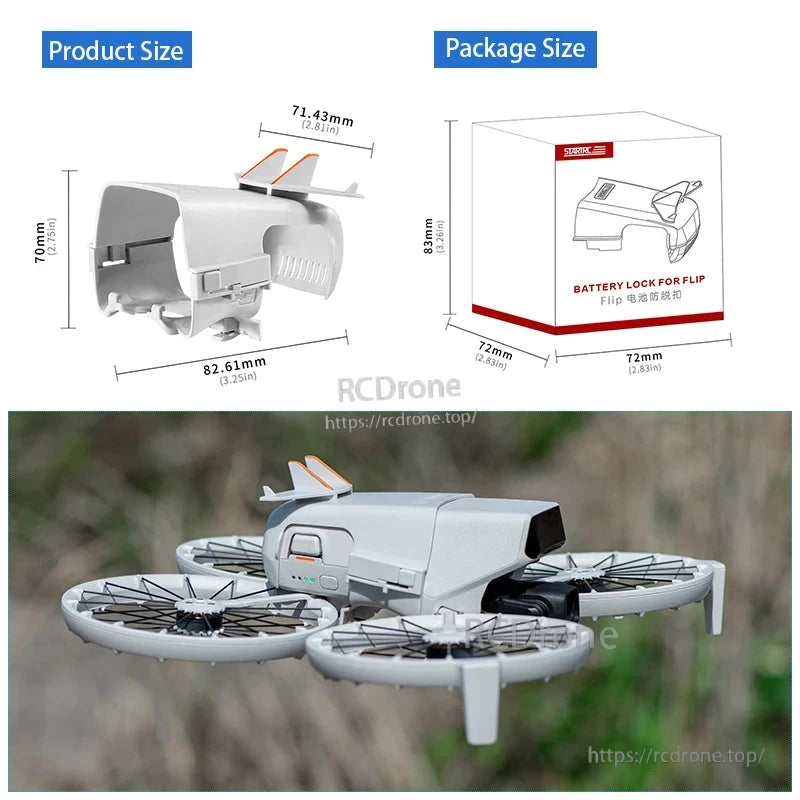 STARTRC Battery Lock for DJI Flip prevents falls; measures 82.61×70×71.43mm, weighs 22g; package size 83×72×72mm.