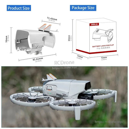 STARTRC Battery Lock for DJI Flip prevents falls; measures 82.61×70×71.43mm, weighs 22g; package size 83×72×72mm.