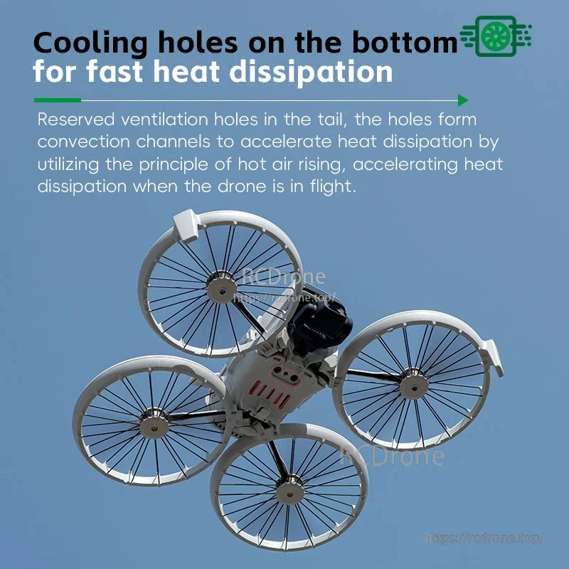 Bottom cooling holes and tail ventilation create convection channels, enhancing heat dissipation via rising hot air during flight.