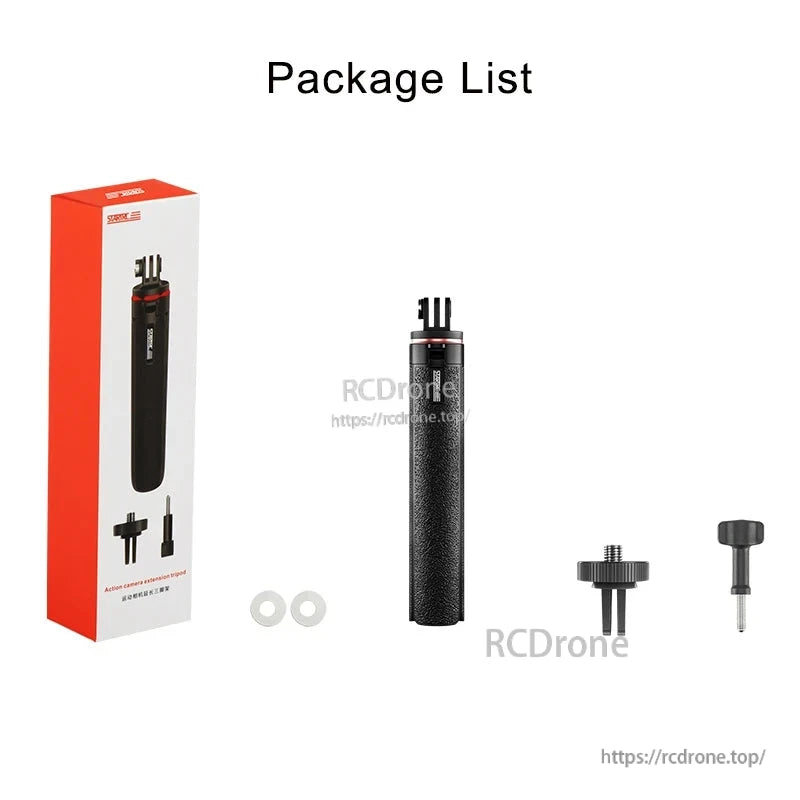 STARTRC 4-stage selfie stick (6.69–20 in), aluminum alloy + ABS, 157g, fits DJI Osmo Action/Insta360/GoPro; includes tripod and accessories.
