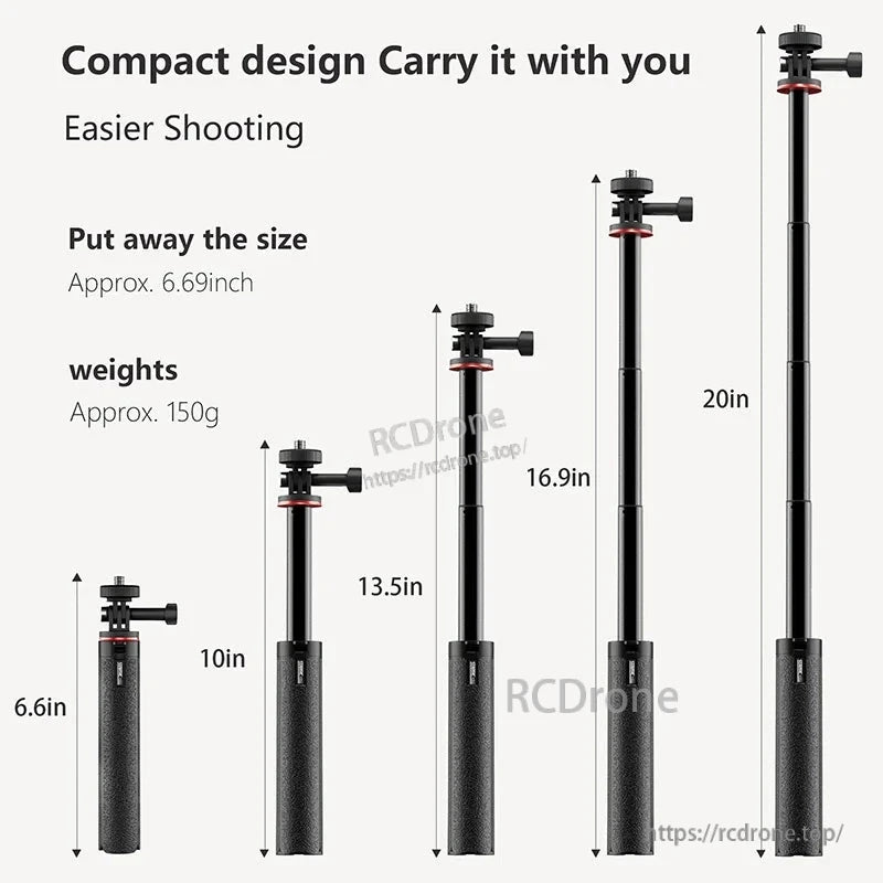 Compact 4-stage 6.69–20" extendable selfie stick, made of aluminum alloy and ABS, weighs 150g, lightweight and portable, ideal for action cameras.