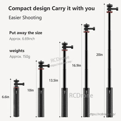 Compact 4-stage 6.69–20" extendable selfie stick, made of aluminum alloy and ABS, weighs 150g, lightweight and portable, ideal for action cameras.