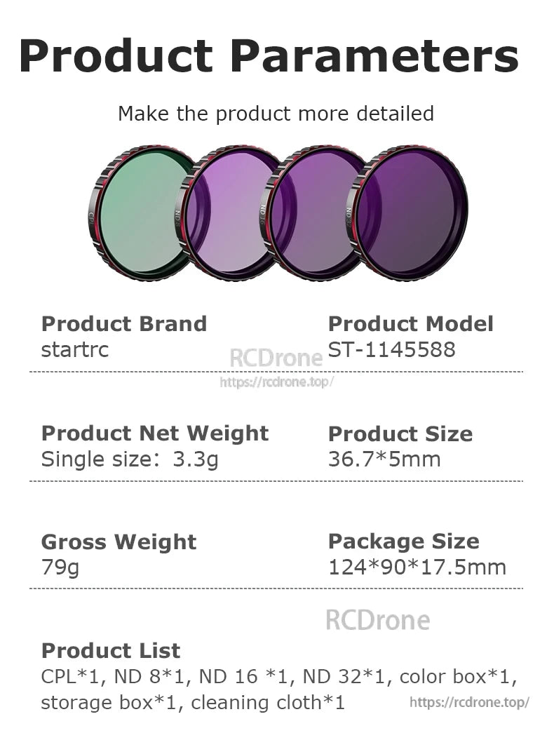 STARTRC Camera Lens Filter, STARTRC ST-1145588 filter set: CPL, ND8, ND16, ND32. Size 36.7×5mm, 3.3g each. Includes box, cloth, case. Package: 124×90×17.5mm.