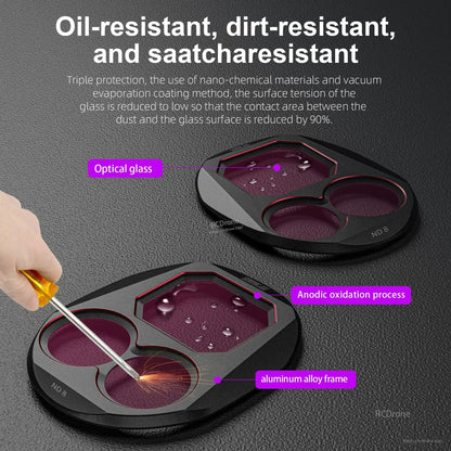 Oil, dirt, and scratch-resistant with nano-coating and vacuum evaporation; durable aluminum frame, optical glass, ND8 filters ensure peak performance in professional drone photography.