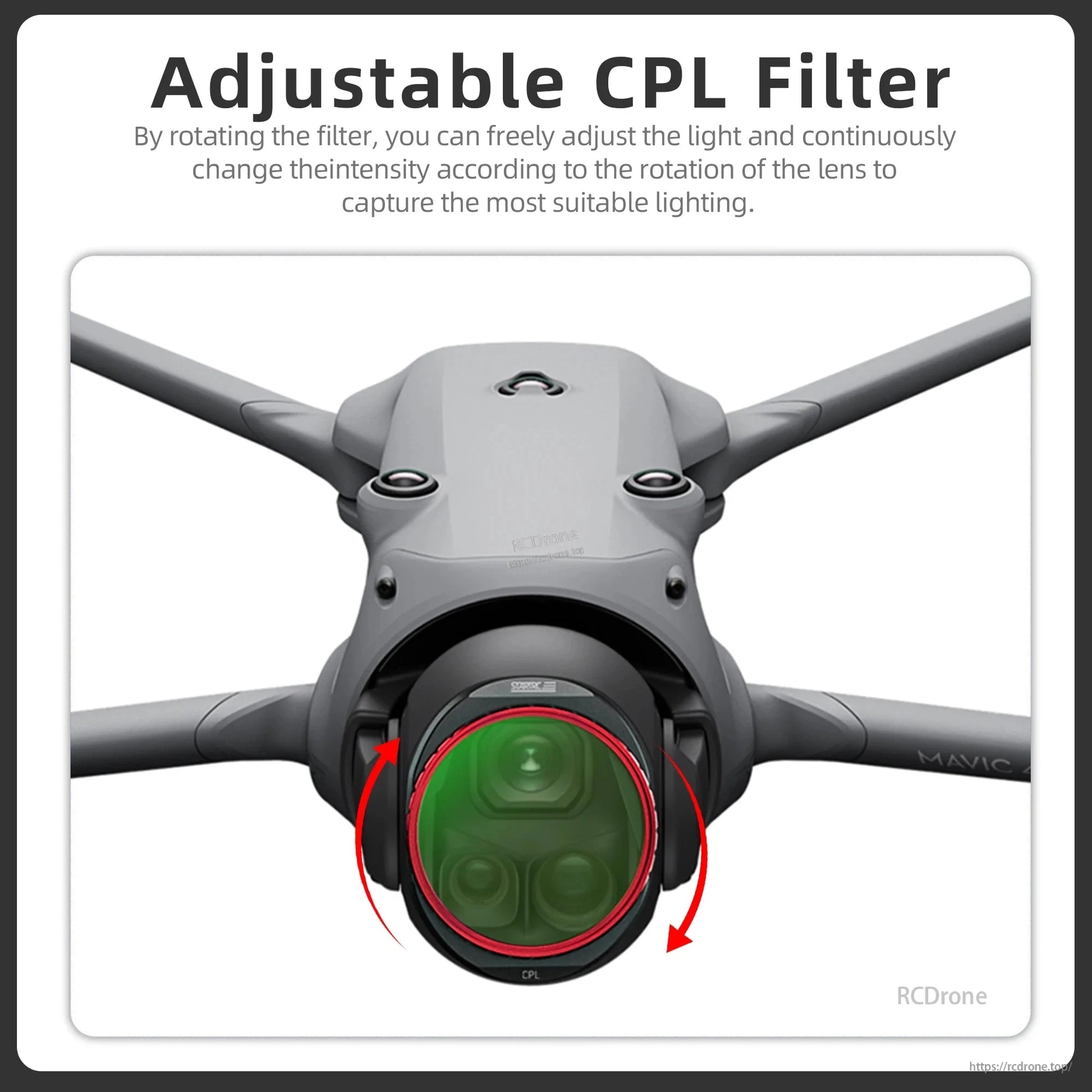 Adjustable CPL filter for drone cameras; rotate to control light and improve lighting conditions effectively.