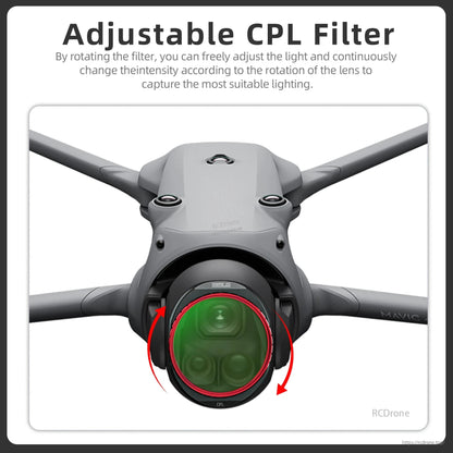 Adjustable CPL filter for drone cameras; rotate to control light and improve lighting conditions effectively.