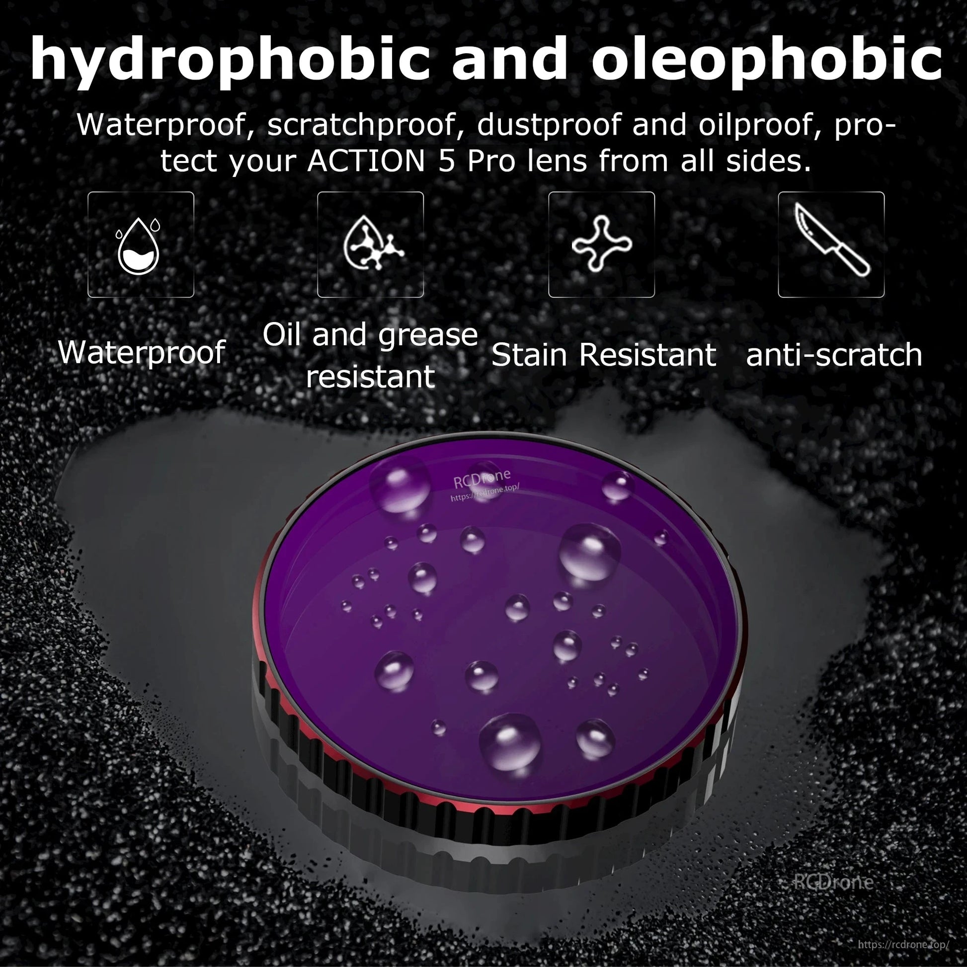 STARTRC Camera Lens Filter, Hydrophobic and oleophobic lens filter shields ACTION 5 Pro from water, oil, stains, and scratches, offering waterproof, oil-resistant, stain-resistant, and anti-scratch protection.