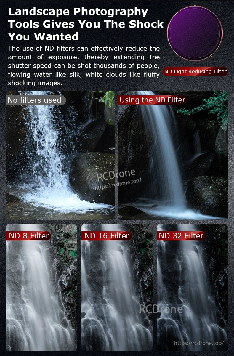 STARTRC Camera Lens Filter, ND filters reduce light intake, allowing longer shutter speeds for smooth water effects; ND 8, 16, and 32 offer increasing light reduction levels.