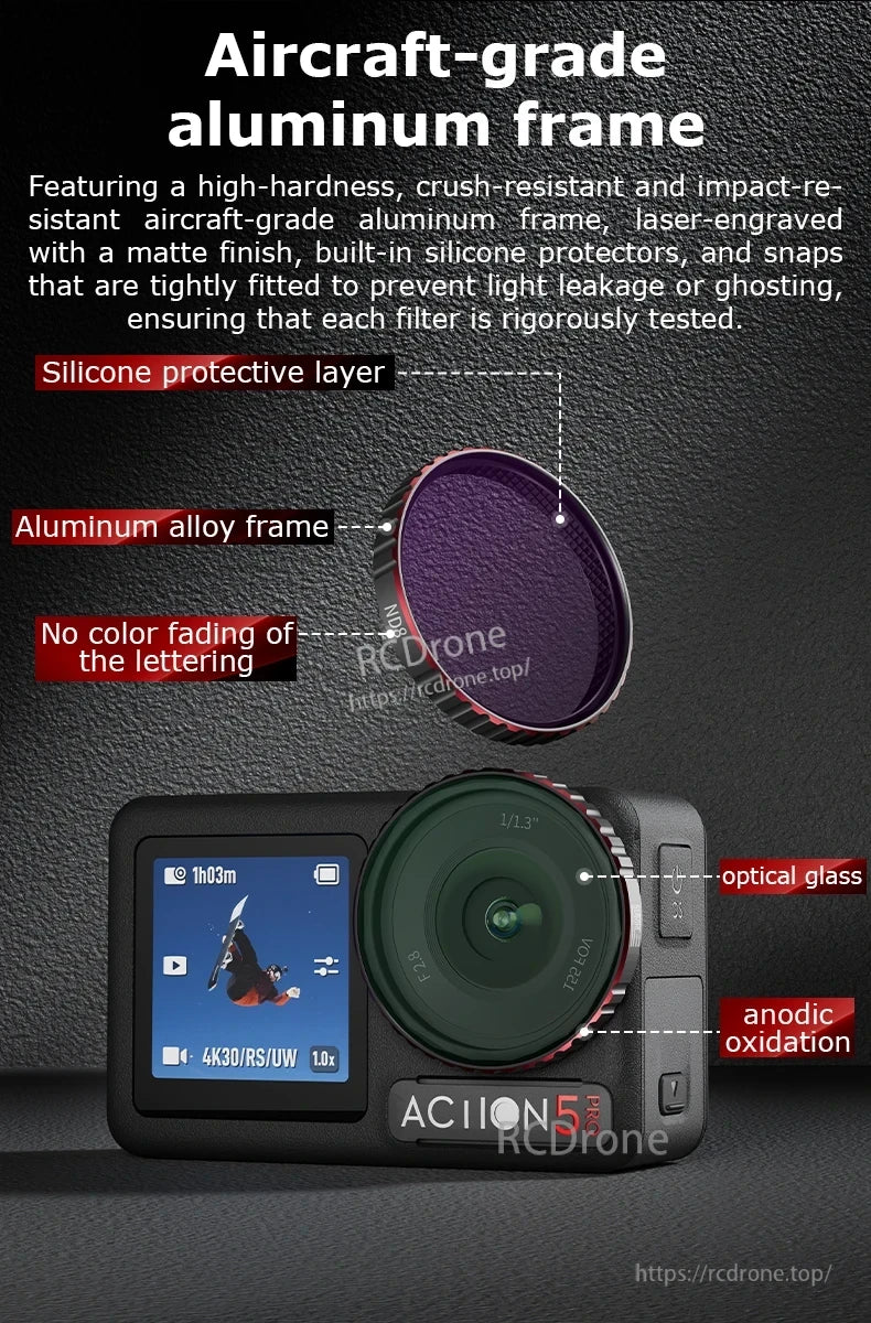 STARTRC Camera Lens Filter, Durable aircraft-grade aluminum frame with matte finish, silicone protectors, optical glass, and fade-resistant anodized lettering for impact resistance and light sealing.