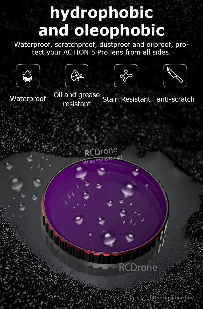 STARTRC Camera Lens Filter, Hydrophobic and oleophobic lens filter for ACTION 5 Pro, offering waterproof, oil-resistant, stain-resistant, and anti-scratch protection.