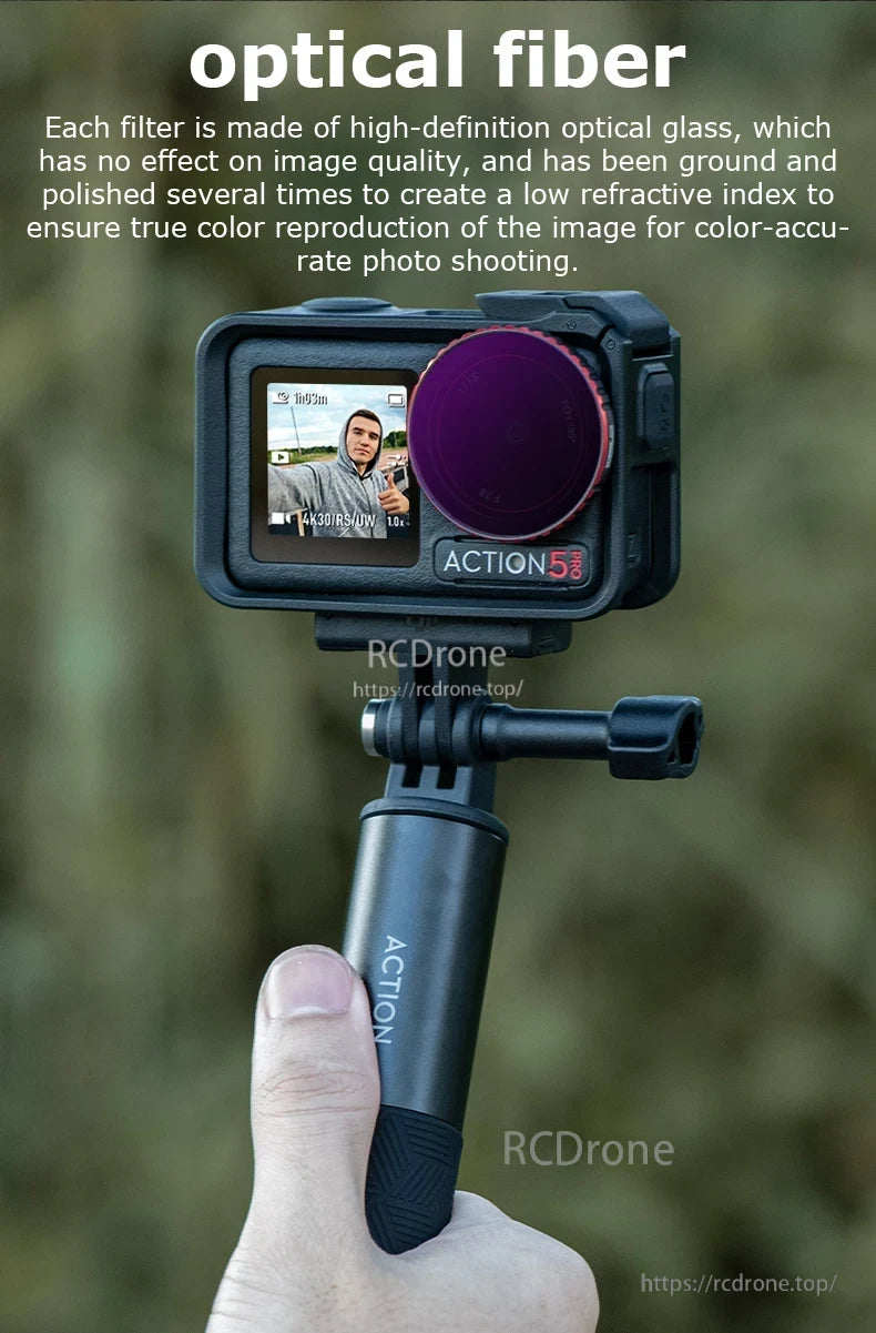 STARTRC Camera Lens Filter, HD glass optical fiber filters, precision-ground for low refractive index, ensure accurate color reproduction with an Action 5 camera on a grip. (24 words)