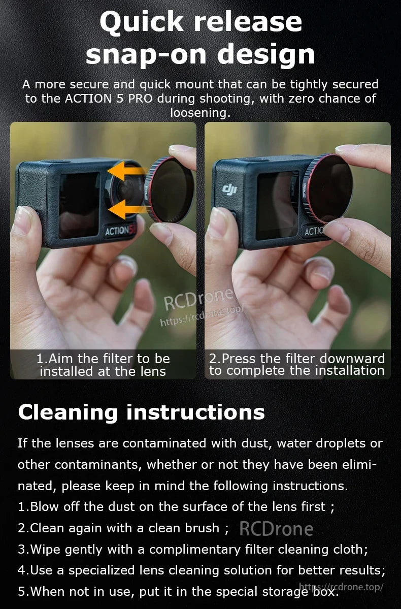 STARTRC Camera Lens Filter, Snap-on filter for ACTION 5 PRO; install by pressing down. Clean with air, brush, cloth, solution; store in box when not in use.