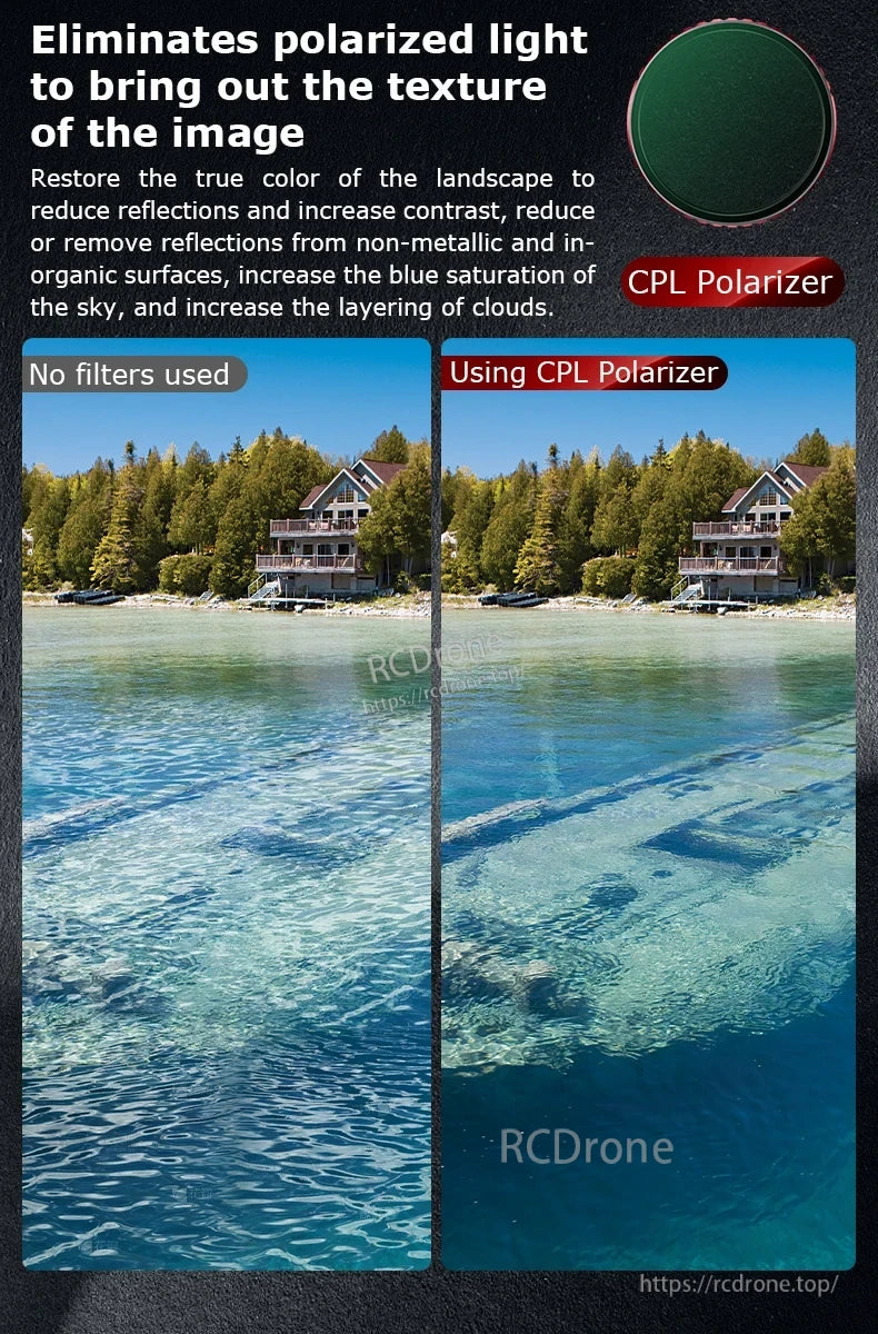 STARTRC Camera Lens Filter, CPL polarizer reduces glare, enhances colors and contrast, deepens sky blue, improves cloud definition, and minimizes reflections for more vivid, natural-looking images.