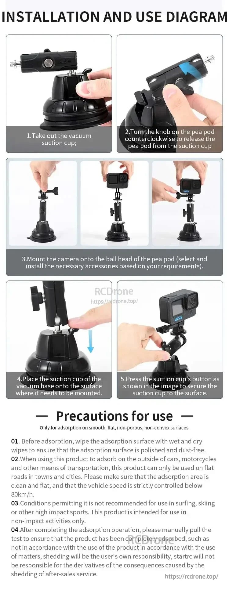 STARTRC Camera Mount, Attach STARTRC mount by removing suction cup, detaching pod, mounting camera, reattaching cup, and pressing firmly. Use only on clean, flat surfaces; avoid high speeds or impacts. Max 80km/h.