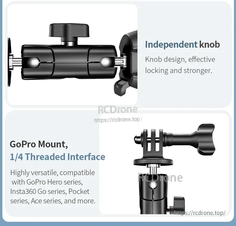 STARTRC Camera Mount, Secure locking via independent knob; 1/4" threaded GoPro mount fits various action cameras.