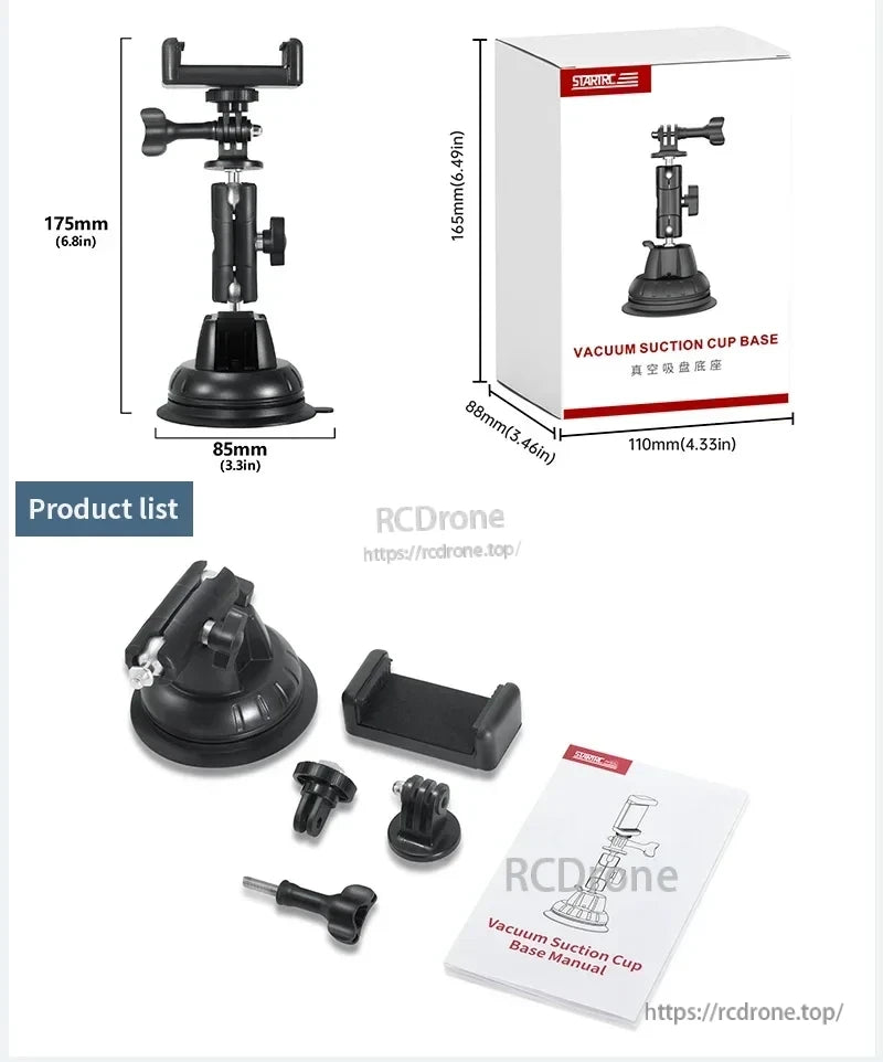 STARTRC Camera Mount, STARTRC vacuum suction cup base, 175mm height, includes mount, cup, accessories, and manual. Dimensions: 85x175mm. Packaging: 110x88x165mm.