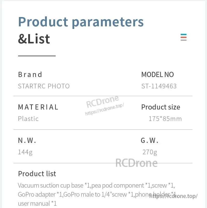 STARTRC Camera Mount, STARTRC ST-1149463 plastic camera mount (175×85mm, 144g) includes suction cup, GoPro adapter, phone holder, screws, and manual.