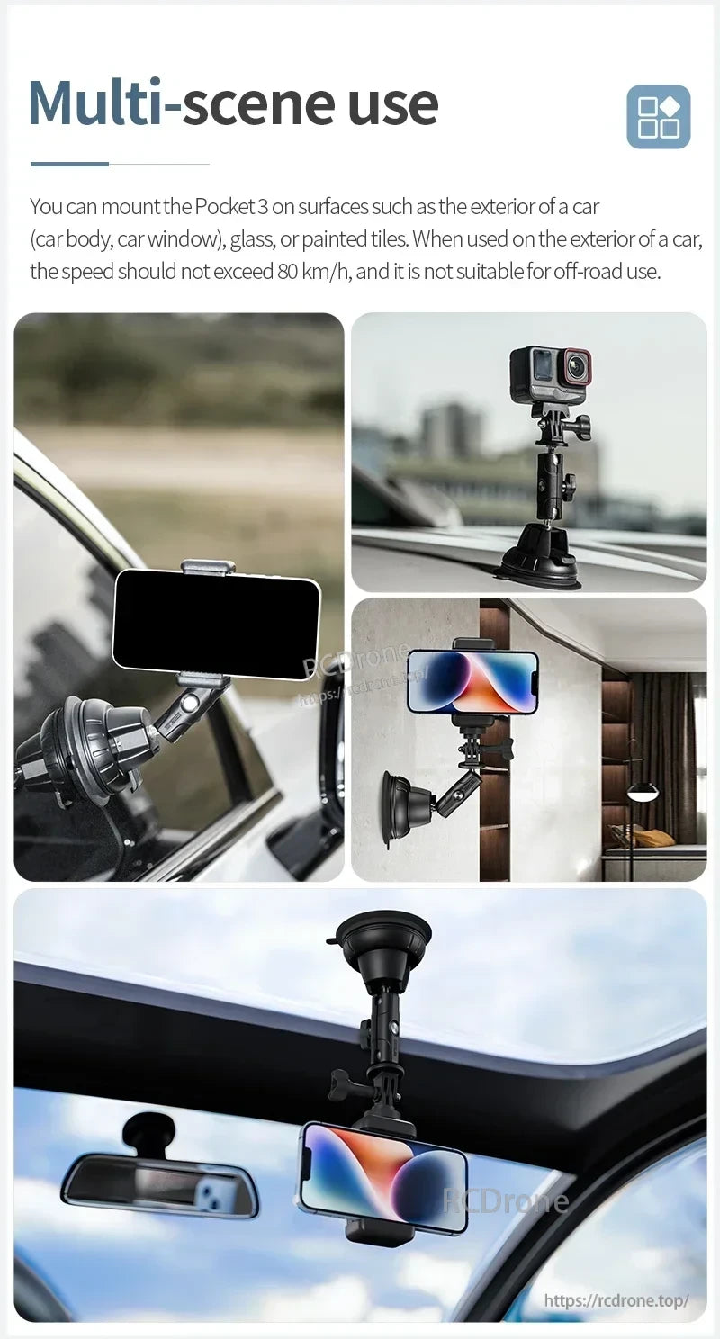 STARTRC Camera Mount, Mount Pocket 3 on cars, glass, or tiles; suitable for multi-scene use at up to 80 km/h, not for off-road.