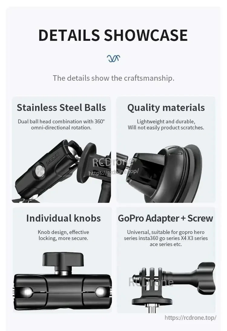 STARTRC Camera Mount features 360° rotation, stainless steel balls, durable build, locking knobs, and a universal GoPro adapter with screw for broad action camera compatibility. (24 words)