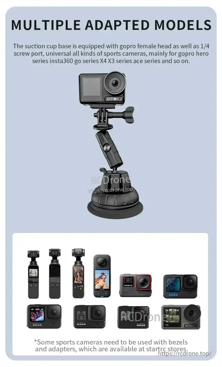 STARTRC Camera Mount, Suction cup mount with GoPro-compatible female head and 1/4" screw; fits GoPro, Insta360, X4, X3, Ace series—adapters may be needed, available at STARTRC.