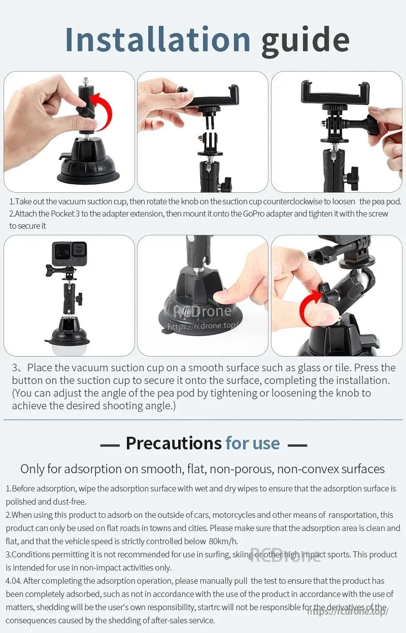 STARTRC Camera Mount, Attach STARTRC mount to clean, flat surfaces; secure camera. Avoid high speeds and impacts. Follow installation steps and safety precautions.