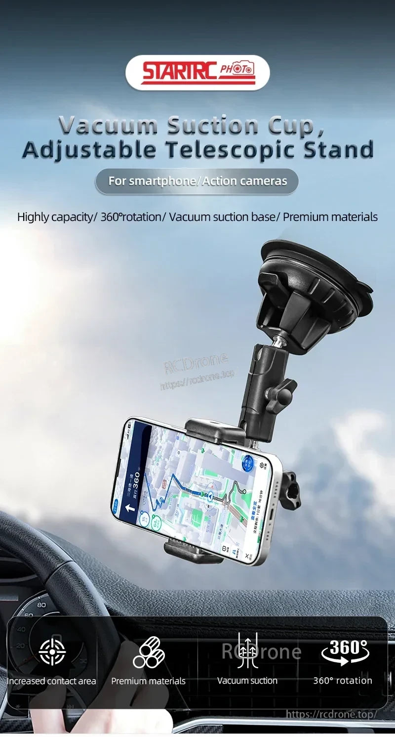 STARTRC Camera Mount, Adjustable telescopic stand with vacuum suction cup for smartphones and action cameras, featuring 360° rotation and made from premium materials.