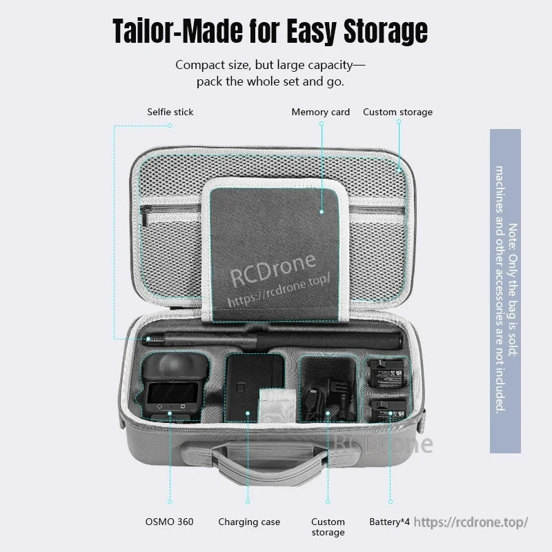 STARTRC Camera Shoulder Bag, Compact bag with custom compartments for OSMO 360, batteries, charger, memory card, and selfie stick. Ideal for organized, portable drone gear storage.