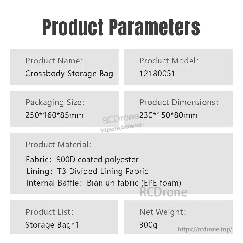 STARTRC Camera Storage Bag, Crossbody Storage Bag (12180051) made of 900D polyester with T3 lining and EPE foam. Measures 230×150×80mm, weighs 300g. Includes one bag per package.