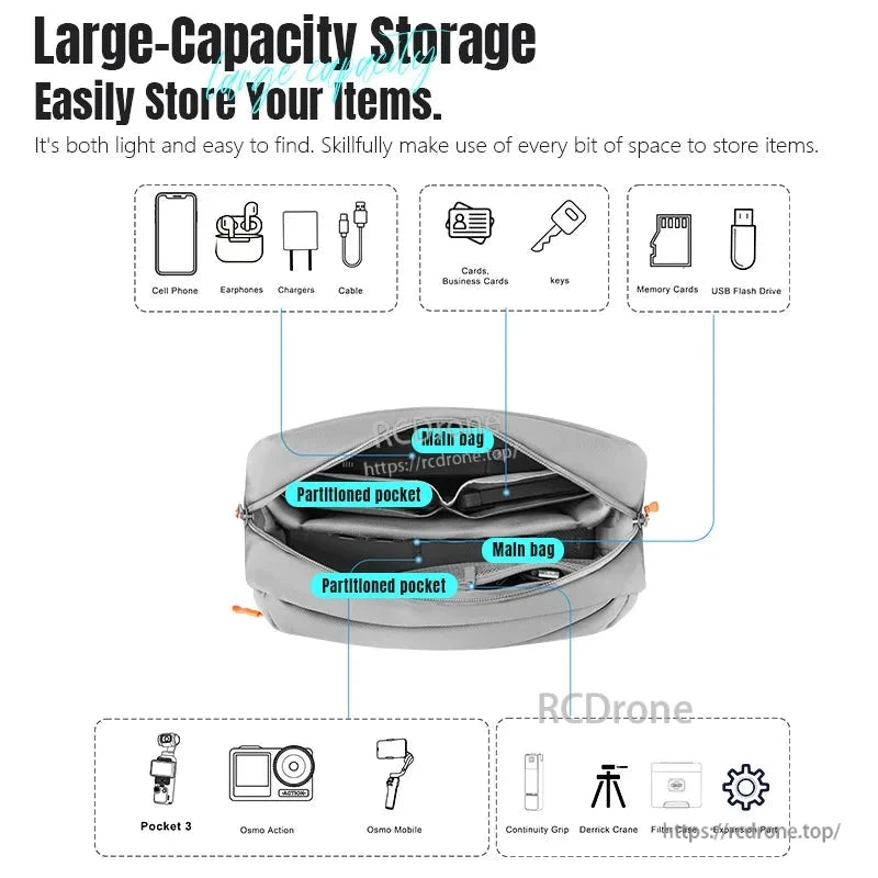 STARTRC Camera Storage Bag, Waterproof, lightweight bag with multiple compartments for DJI, Insta360, and accessories. Organizes phones, chargers, cards, keys, and more efficiently.