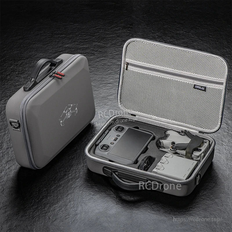 Carrying case for DJI Mini 4 Pro with PU leather and lycra lining, fits RC-2 controller and accessories.