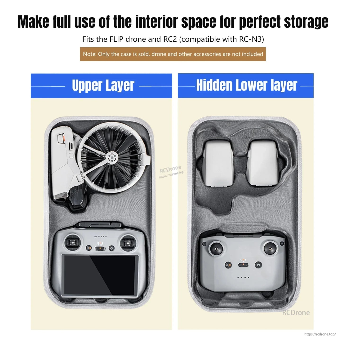 Storage case for FLIP drone and RC2, fits perfectly, upper layer hides, lower layer reveals