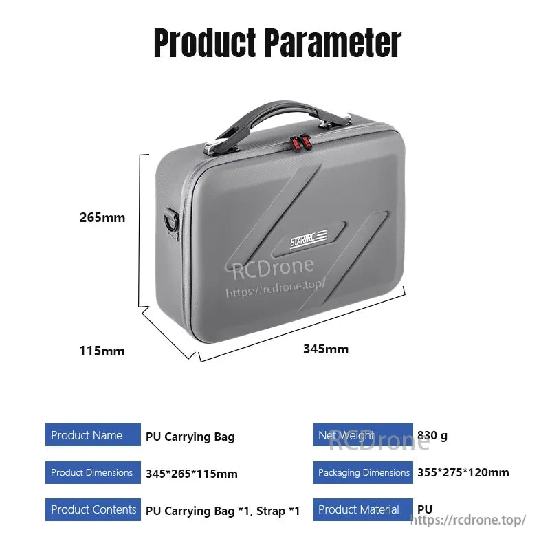 STARTRC DJI Flip Carry Case, STARTRC PU carry bag, 345×265×115mm, weighs 830g, includes strap, made of durable PU material for convenient drone transport.