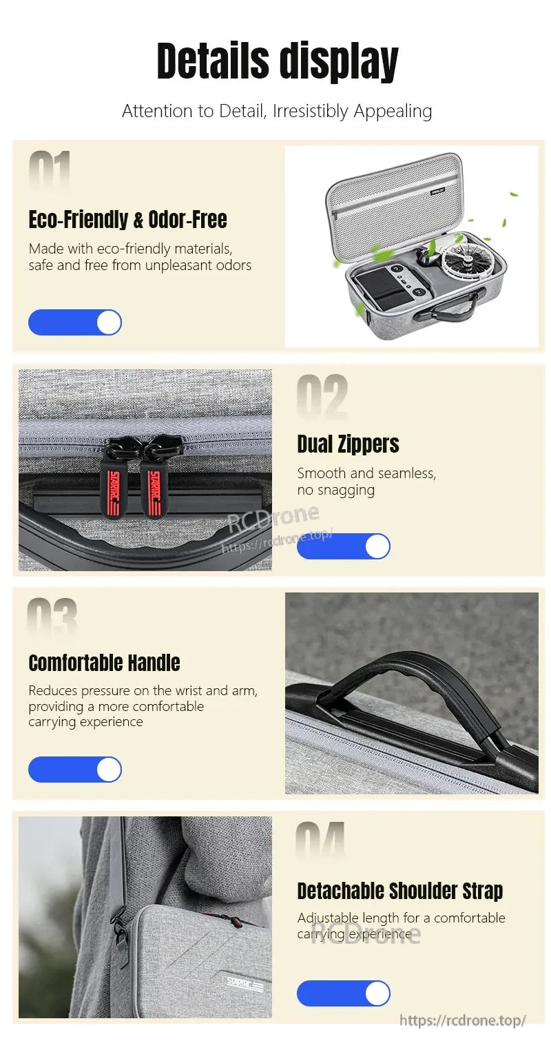 STARTRC DJI Flip Carry Case, Eco-friendly, odor-free material with dual zippers, comfortable handle, and detachable, adjustable shoulder strap for easy carrying. (19 words)