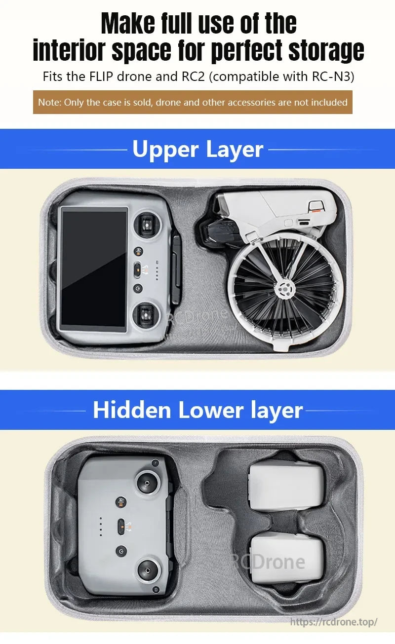 STARTRC DJI Flip Carry Case features upper and hidden lower layers for secure, organized drone and accessory storage.