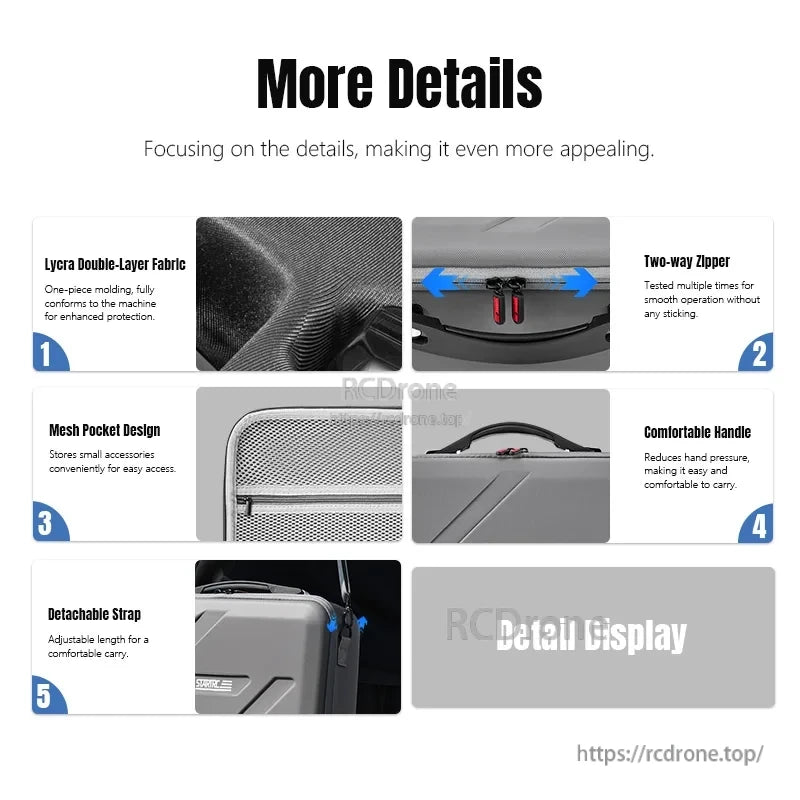 STARTRC DJI Flip Carry Case, Double-layer Lycra fabric, two-way zipper, mesh pocket, comfortable handle, and detachable strap offer protection, ease, comfort, and adjustable carrying.