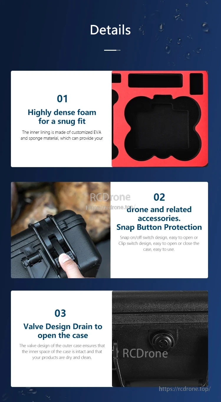 The STARTRC DJI NEORC Waterproof Case has a foam interior lined with EVA and sponge material to protect your drone and accessories.