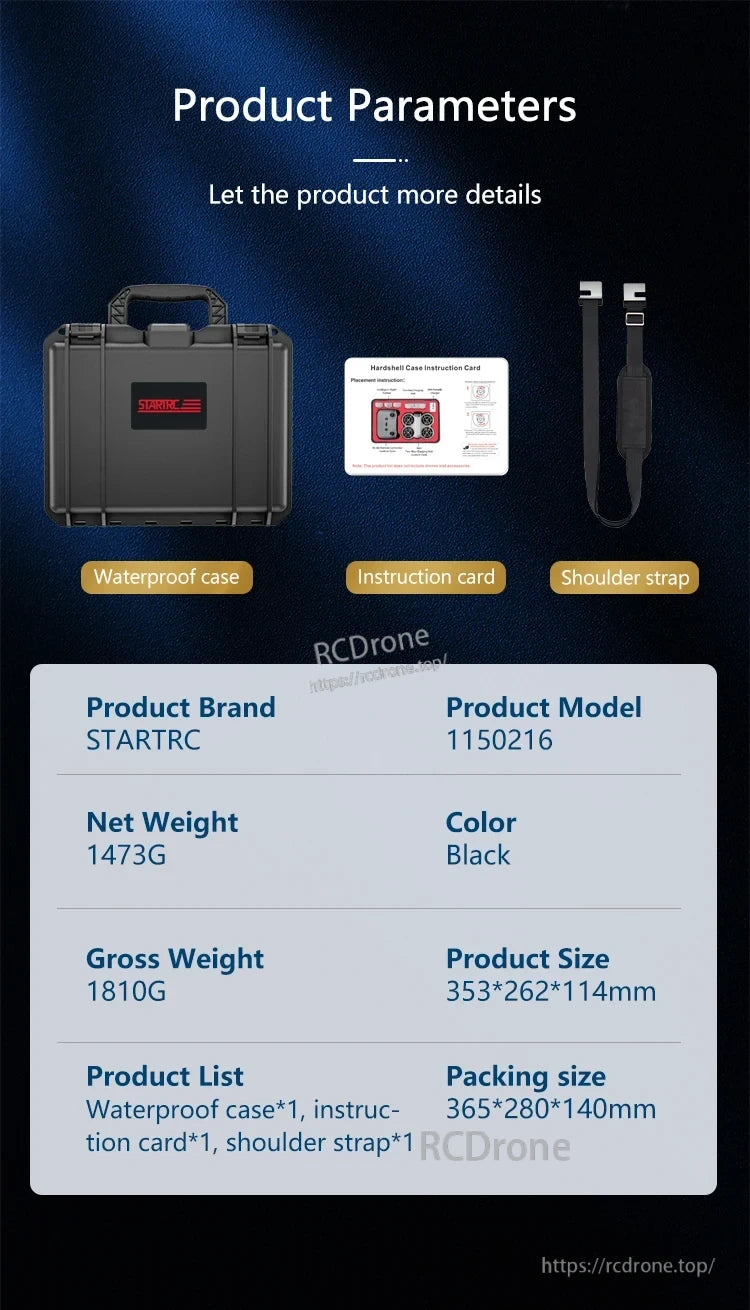 The STARTRC DJI NEORC Waterproof Case includes an instruction card and shoulder strap, with weights and dimensions specified.