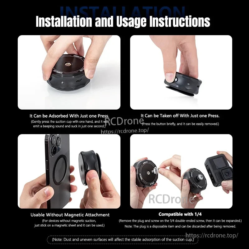 STARTRC DJI Pocket Suction Mount installs with one-press suction, magnetic compatibility, 1/4" screw adaptability; performance depends on surface cleanliness and dust conditions.