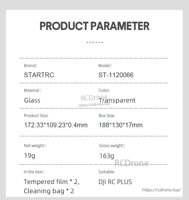 STARTRC DJI RC Plus Screen Protector, STARTRC ST-1120066 tempered glass screen protector for DJI RC PLUS, 172.33×109.23×0.4mm, 19g, includes 2 films and 2 cleaning bags.