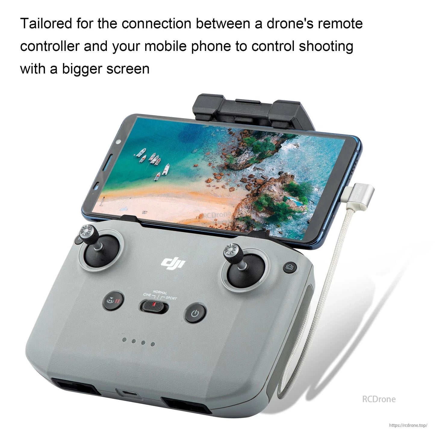 The STARTRC Data Cable connects DJI drones to phones via Type-C to Lightning, enabling remote control with a larger screen.