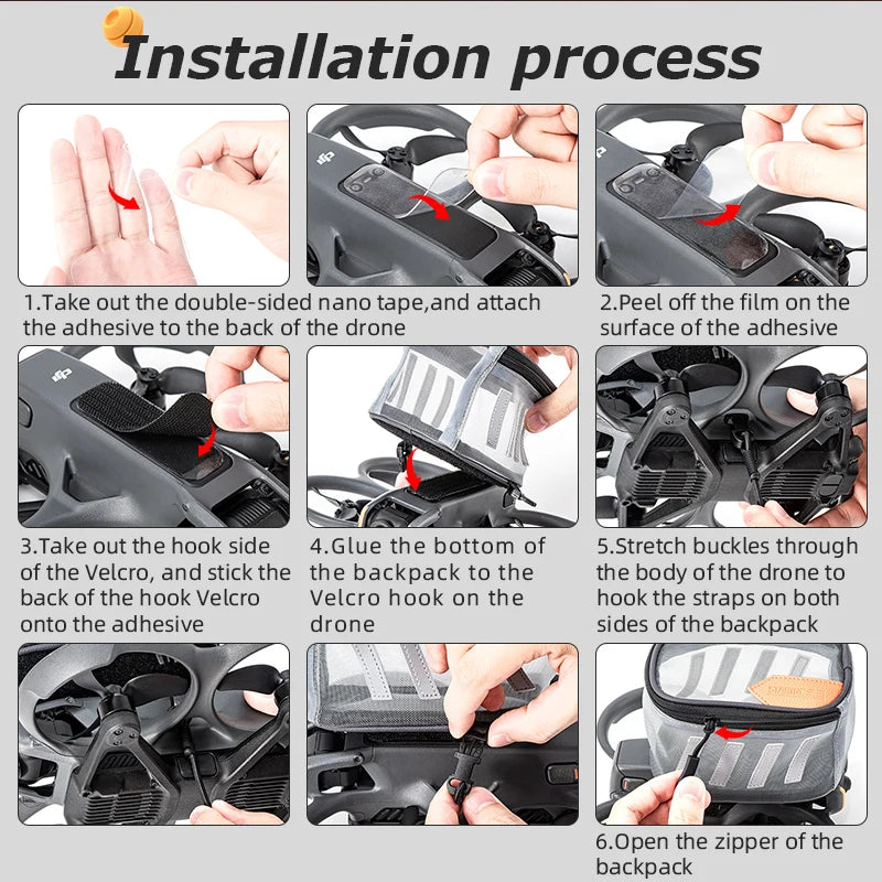 STARTRC Drone Air Delivery Bag, Attach nano tape, Velcro, and backpack to drone using straps and buckles; follow illustrated steps for secure installation. (24 words)