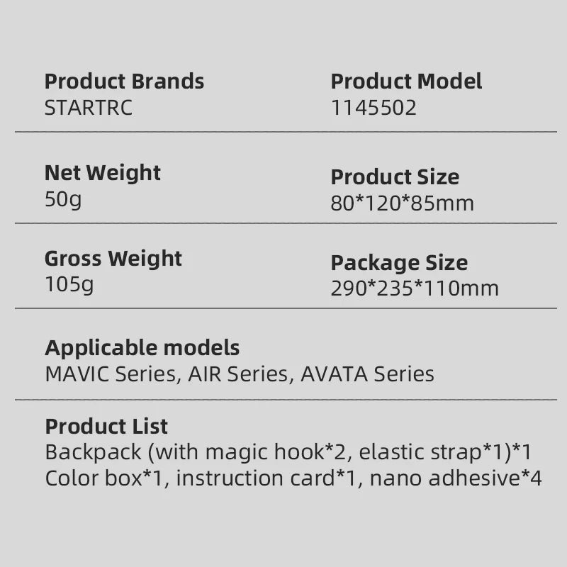 STARTRC Drone Air Delivery Bag, STARTRC drone bag: 50g, 80×120×85mm, fits Mavic, Air, Avata. Includes backpack, box, instructions, nano adhesive.