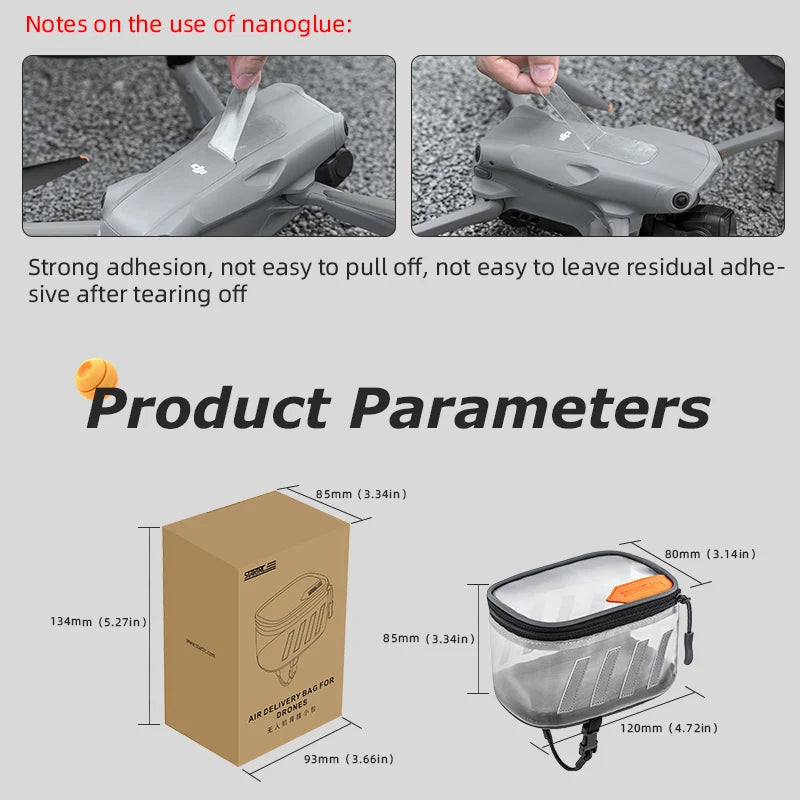 STARTRC Drone Air Delivery Bag features strong nanoglue, no residue, compact size (134×93×85mm box), durable design for safe, convenient drone storage and transport.